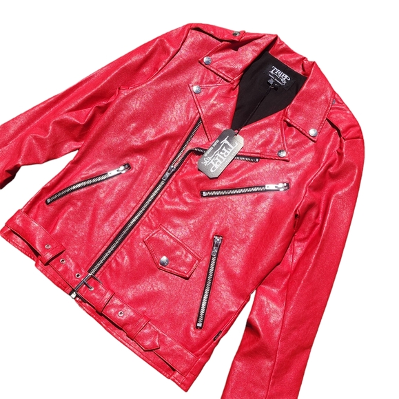 Tripp NYC Faux Leather Classic Red Moto Jacket - Picture 4 of 7